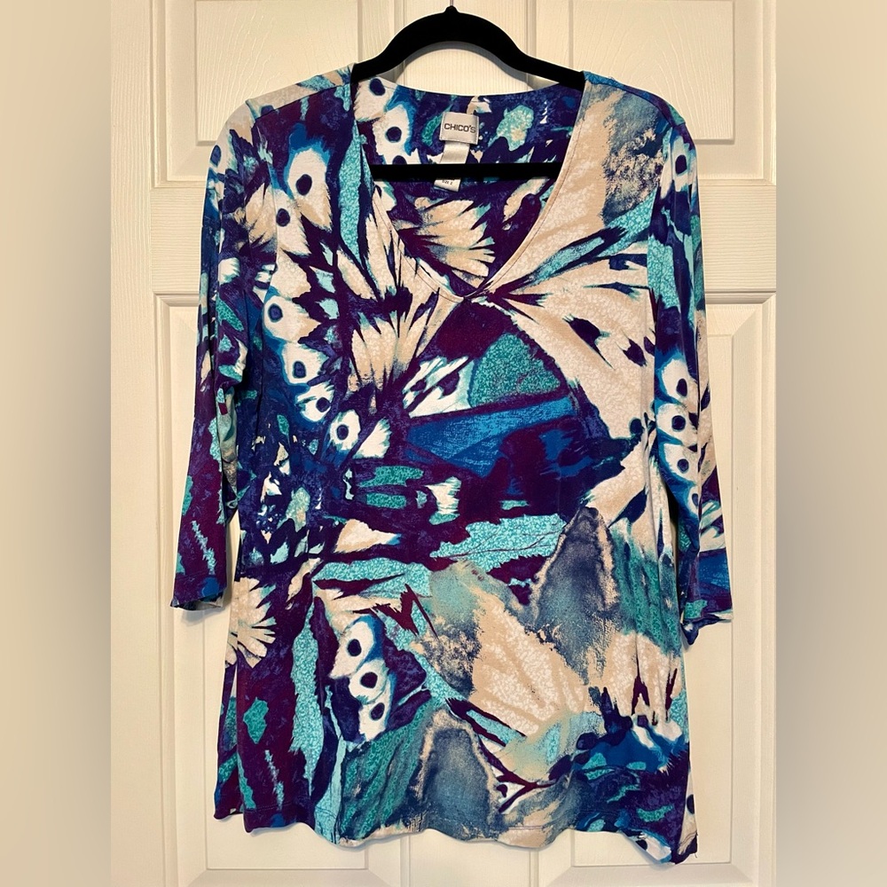 Chico’s brand, size 2, blue patterned 3/4 length shirt